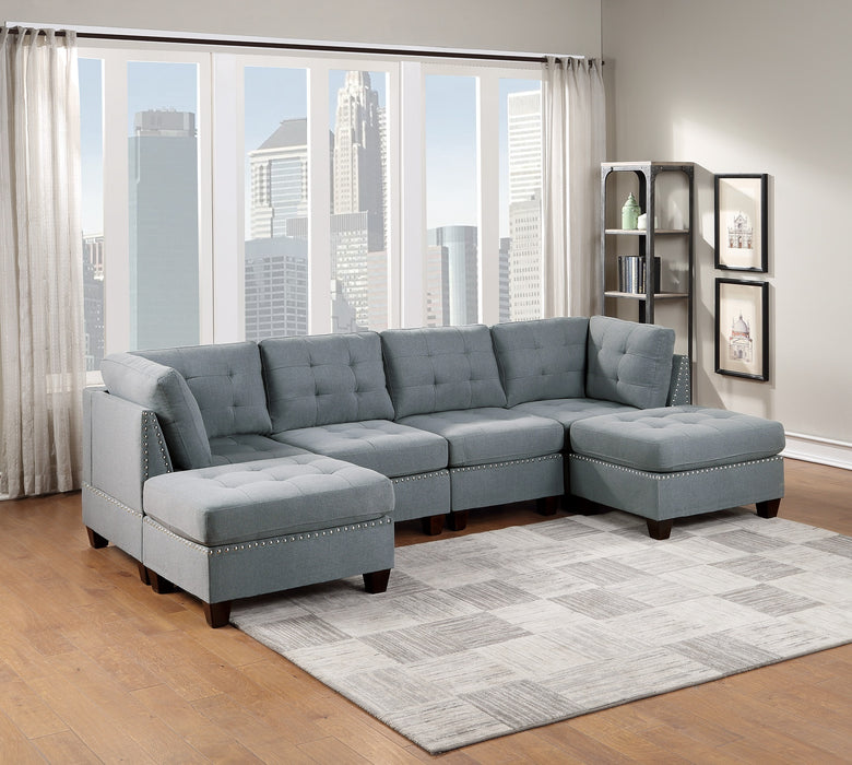 6-Piece Linen-Like Fabric Modular Sectional Living Room Furniture Set, U-Sectional with Tufted Nailheads, Includes 2 Corner Wedges, 2 Armless Chairs, and 2 Ottomans, Gray