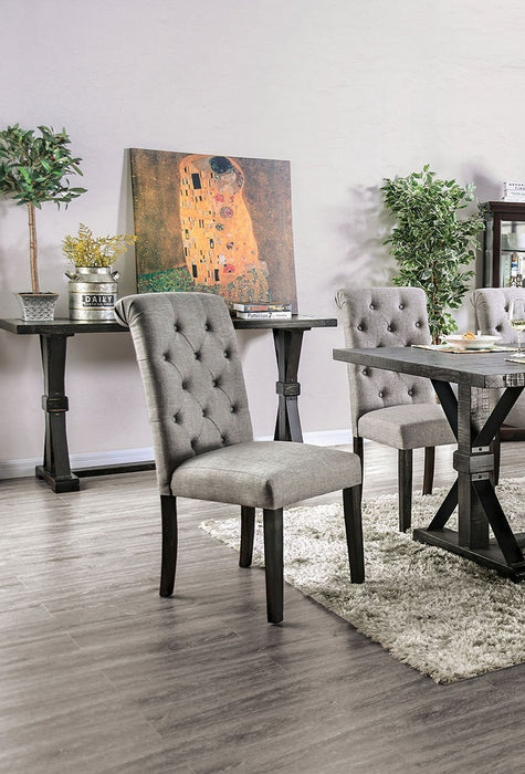 Set of 2 Classic Antique Black/Light Gray Side Chairs, Button Tufted Linen-Like Fabric, Solid Wood, Upholstered Scroll Back - Rustic Dining Room Furniture