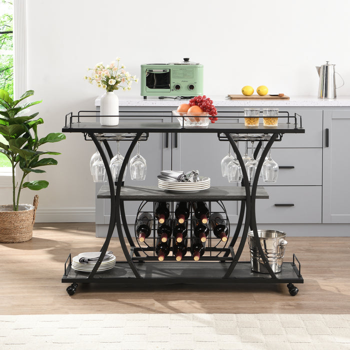 Industrial Bar Cart, Kitchen & Serving Cart with Wheels, 3-Tier Storage Shelves