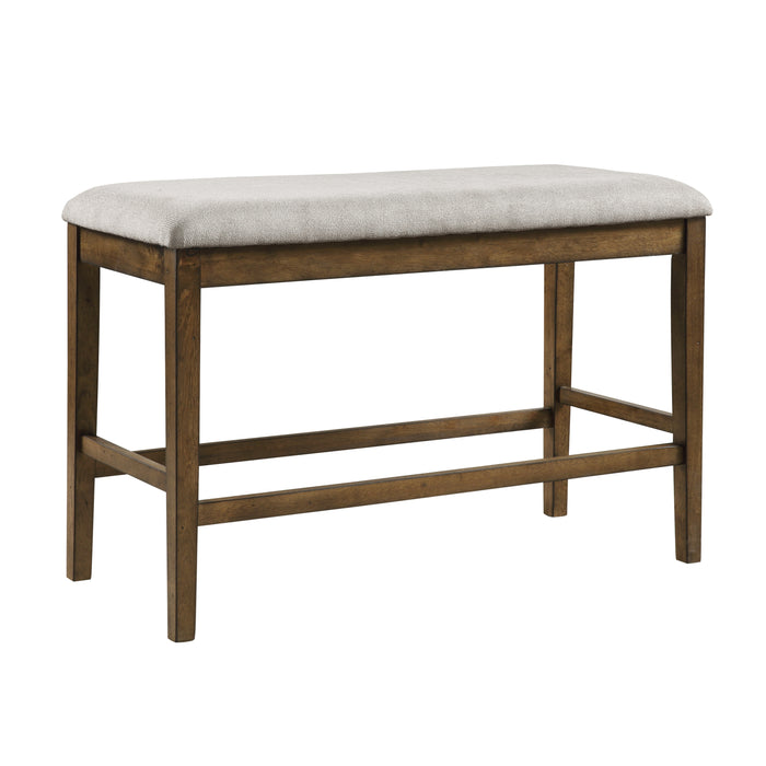 Wooden Frame Counter Height Bench with Light Oak Finish, Mindy Veneer, Gray Textured Fabric Upholstery - Dining Room Furniture