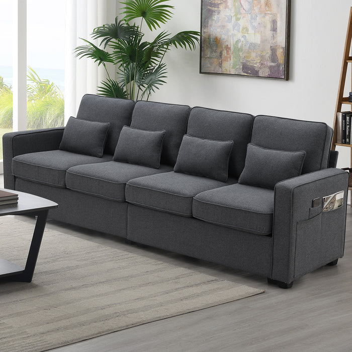 Modern 104" 4-Seater Linen Sofa with Armrest Pockets and Pillows