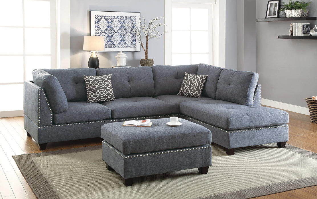 3-Pc Sectional Sofa with Blue Grey Polyfiber Chaise Ottoman & Pillows