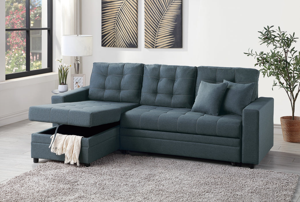 Convertible Sectional Sofa With Pull Out Bed & Reversible Storage Chaise, Polyfiber Tufted Lounge Couch, Blue Grey