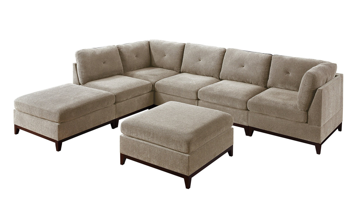 Camel Chenille Fabric Modular Sectional 7-Piece Set, Living Room Furniture,  L-Sectional Couch With 2 Corner Wedges, 3 Armless Chairs & 2 Ottomans, Tufted Back, Exposed Wooden Base