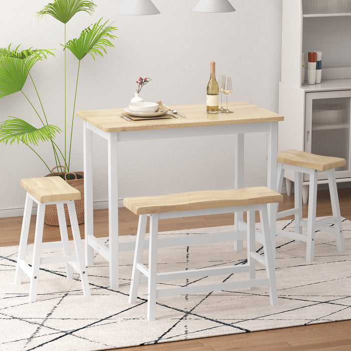 Modern 4-Piece Rubber Wood Bar Dining Table Set, Kitchen Bistro Counter Height Table with Bench, Stool - Natural & White