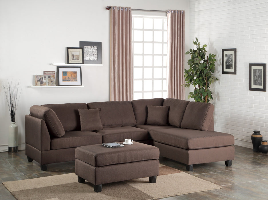 3-Piece Chocolate Color Sectional Living Room Furniture, Reversible Chaise Sofa & Ottoman Set With Polyfiber Linen-Like Fabric Cushions