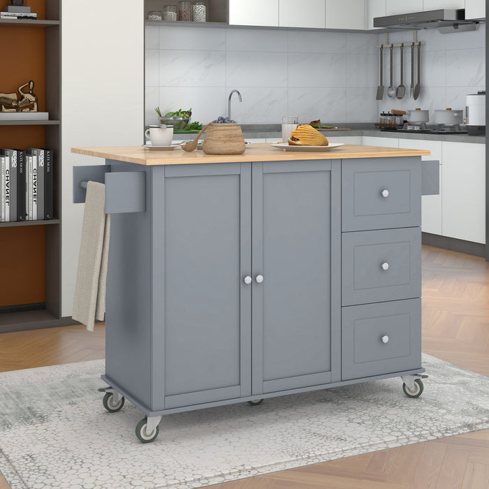 Rolling Mobile Kitchen Island with Solid Wood Top and Locking Wheels, 52.7 Inch Width, Storage Cabinet and Drop Leaf Breakfast Bar, Spice Rack, Towel Rack & Drawer - Grey Blue