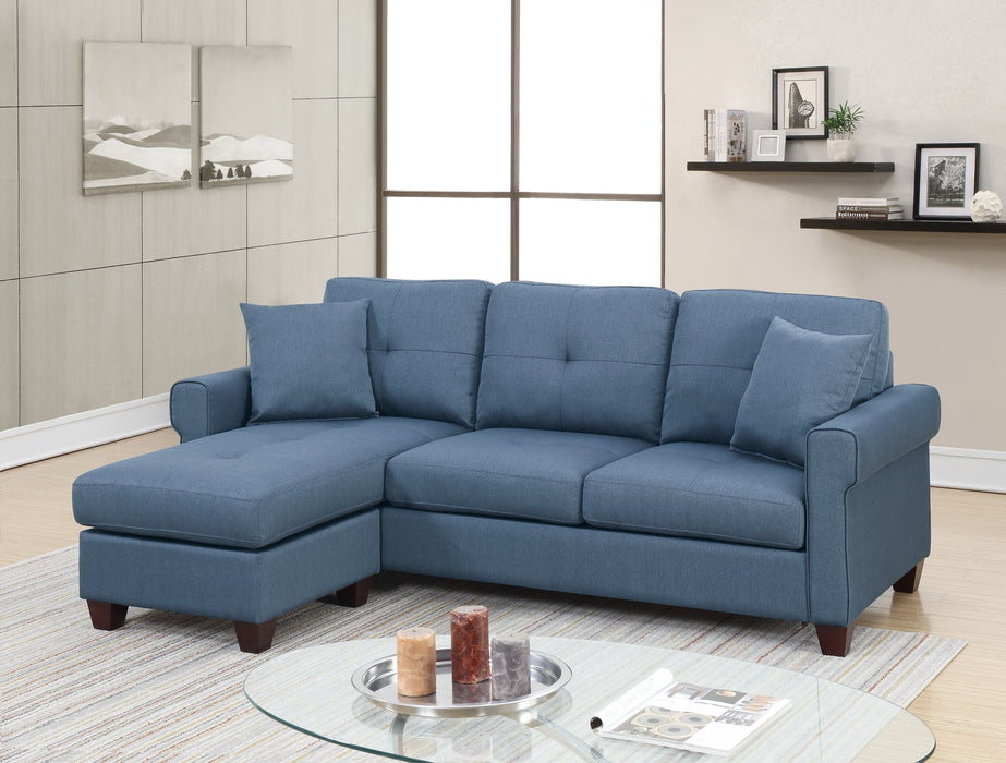 Blue Glossy Polyfiber Tufted Cushion Sectional Sofa With Reversible Chaise, Living Room Furniture