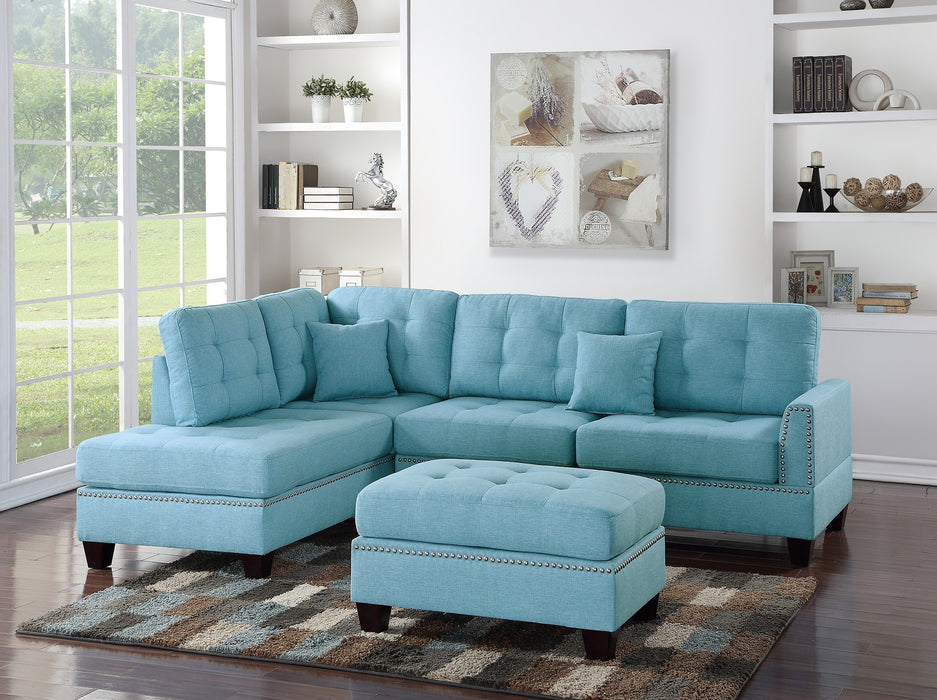 3-Piece Modern Sectional Living Room Furniture Set with Reversible Chaise, Sofa and Ottoman - Tufted Polyfiber Linen-Like Fabric, Cushion Couch with Pillows, Blue