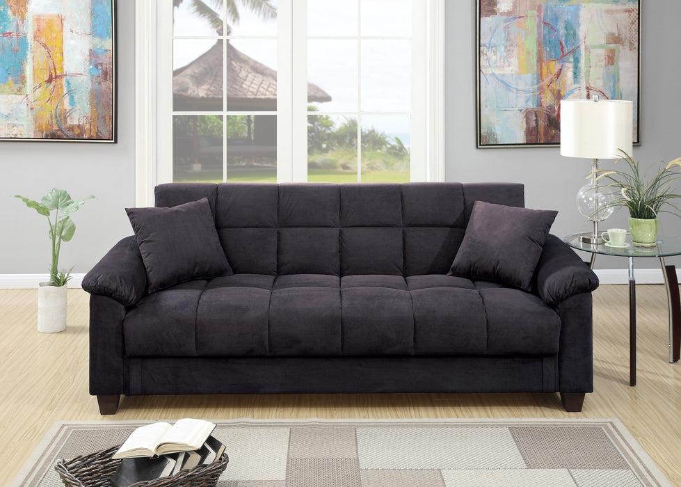 Contemporary Living Room Adjustable Sofa, Ebony Microfiber Couch With Plush Storage & Pillows, Futon Sofa