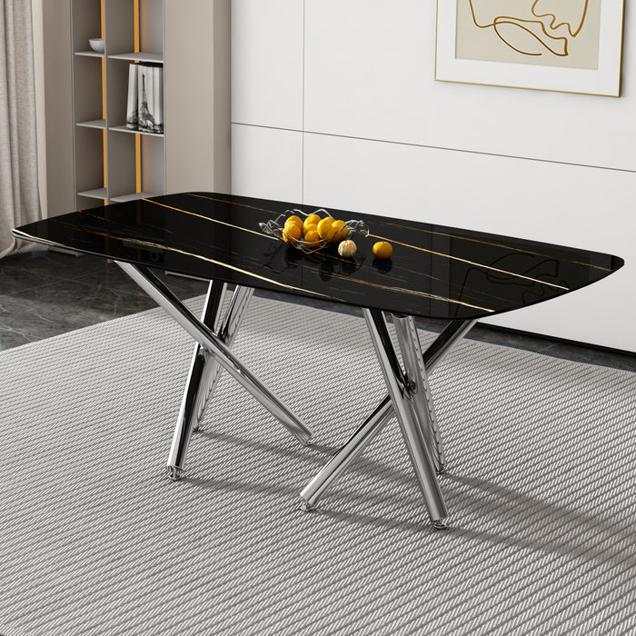 Large Modern Minimalist Rectangular Dining Table with 0.39" Imitation Marble Black Tabletop and Silver Metal Legs - Ideal for Kitchens, Living Rooms, Conference & Banquet Halls