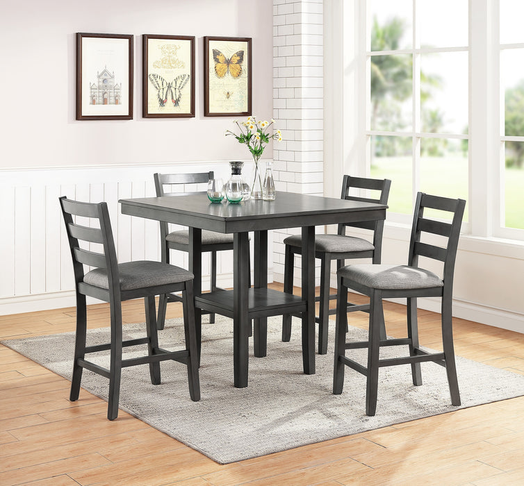 Counter Height 5-Piece Set Classic Dining Room Furniture, Gray Finish Square Dining Table With Shelves, Cushion Seat Ladder Back High Chairs - Solid Wood