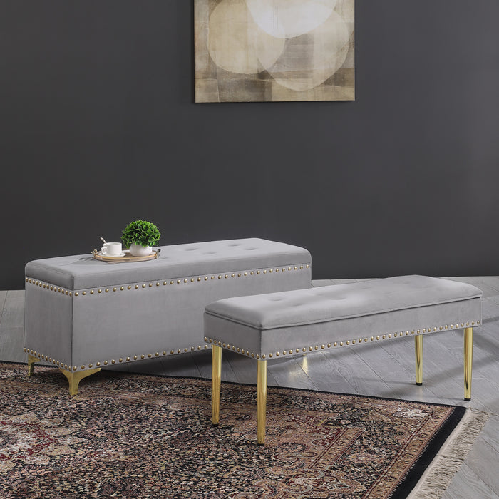 Large Storage Benches Set, Nailhead Trim 2 in 1 Combination Benches, Tufted Velvet Benches with Gold Leg for Living Room, Entryway, Hallway, Bedroom, Light Gray; Support 250 lbs