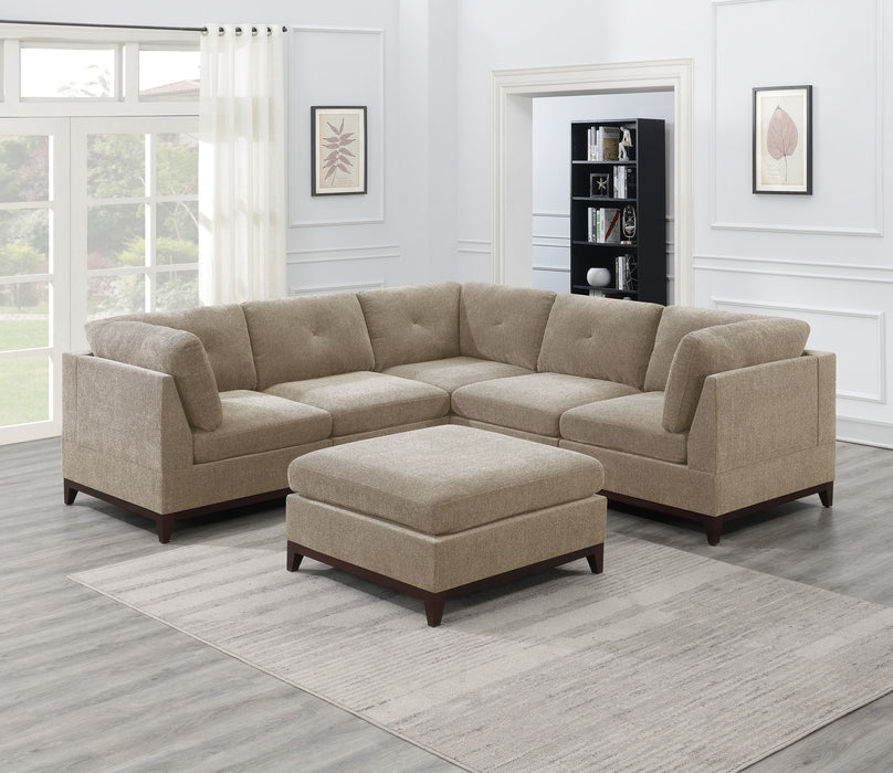 Camel Chenille Fabric Modular Sectional 6-Piece Set, Corner Sectional Couch With 3x Corner Wedge, 2x Armless Chairs & 1x Ottoman, Tufted Back Living Room Furniture