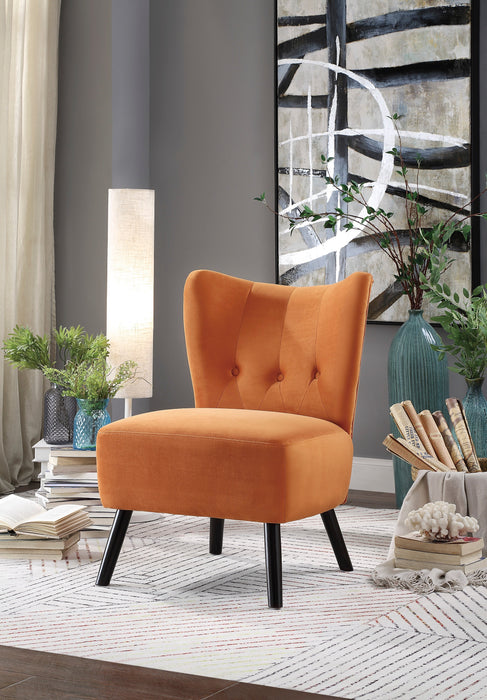 Orange Velvet Accent Chair with Button-Tufted Back & Brown Wood Legs, Modern Home Furniture