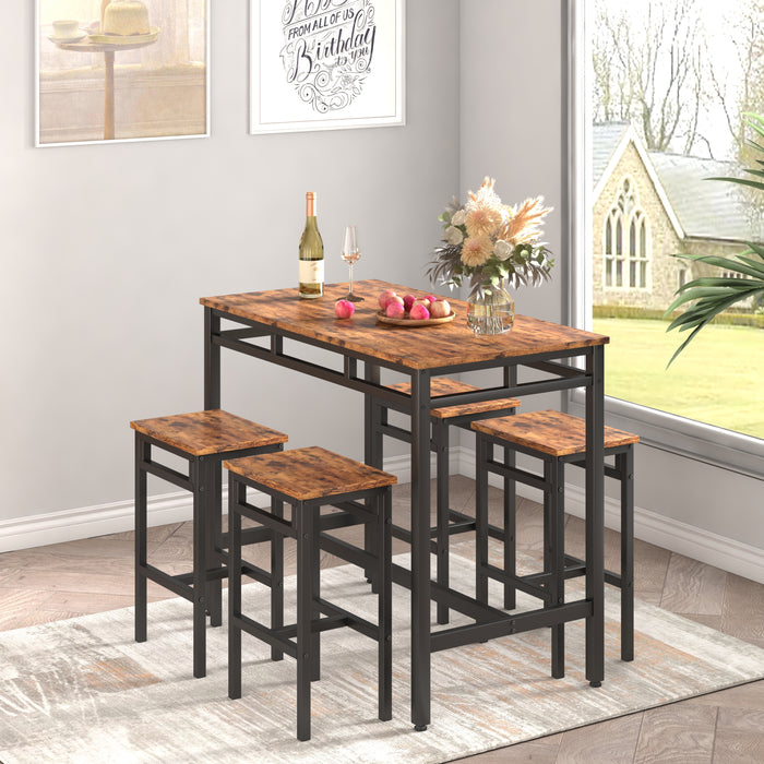 5-Piece Dining Bar Table Set With High Stools, Structural Strengthening, Industrial Style, Rustic Brown, 43.31'' L x 23.62'' W x 35.43'' H