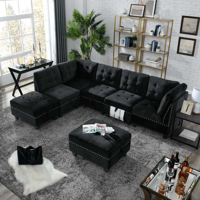 L-Shape Modular Sectional Sofa Set, DIY Combination with 3 Single Chairs, 2 Corners, and 2 Ottomans - Black Velvet