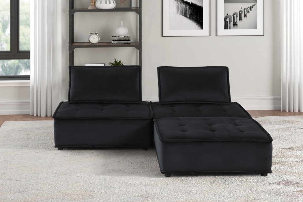 Anna Black Velvet 3-Piece Sectional Sofa With Ottoman