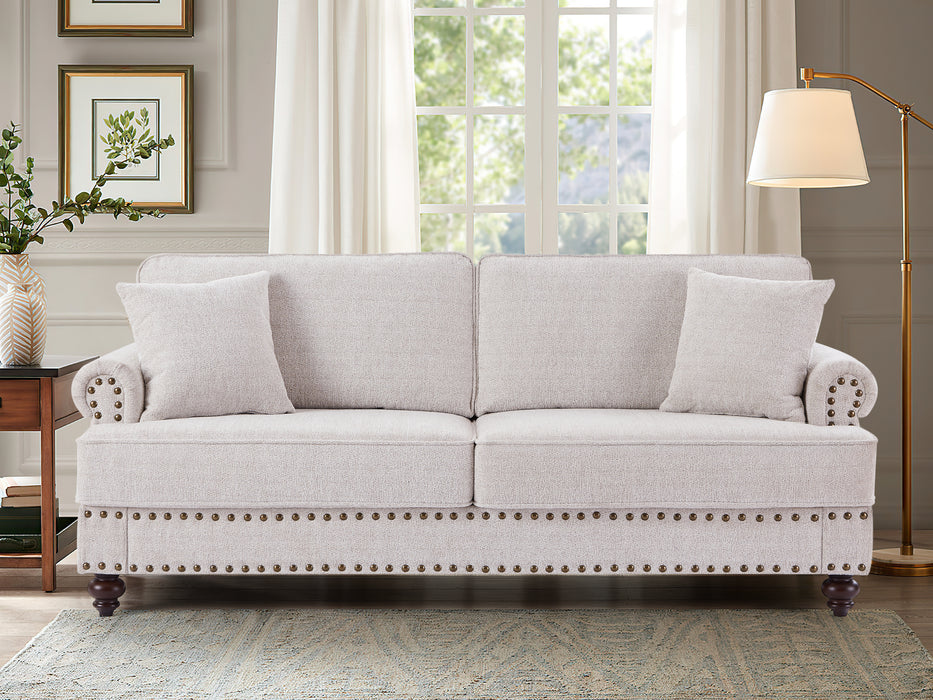 Modern Chenille Upholstered 2-Seater Sofa With Nails & Armrests, White