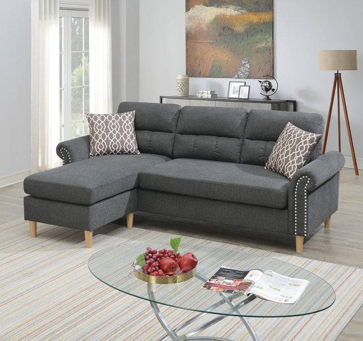 Slate Polyfiber Reversible Sectional Sofa Set with Chaise, Pillows, Plush Cushion, Couch Nailheads