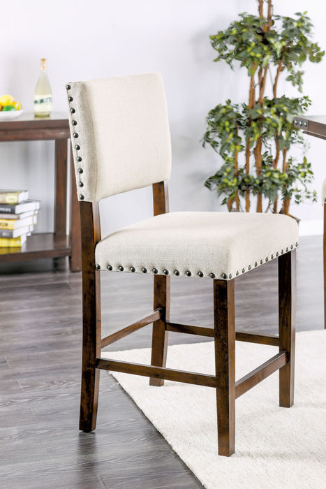 2-Piece Classic Counter Height Dining Chairs Set With Ivory Fabric Padded Linen, Upholstered Cushion, Nailhead Trim, Solid Wood Brown Cherry For Kitchen & Dining Room