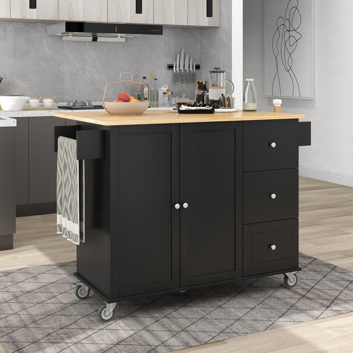 Rolling Mobile Kitchen Island with Solid Wood Top and Locking Wheels, with 52.7 Inch Width, Storage Cabinet, and Drop Leaf Breakfast Bar, including Spice Rack, Towel Rack & Drawer, Black